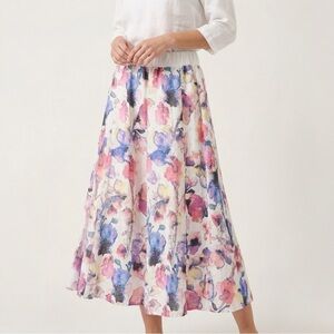 Luca Vanucci 100% Linen Stretch Waist Watercolor Pastel Floral Midi Skirt Size M